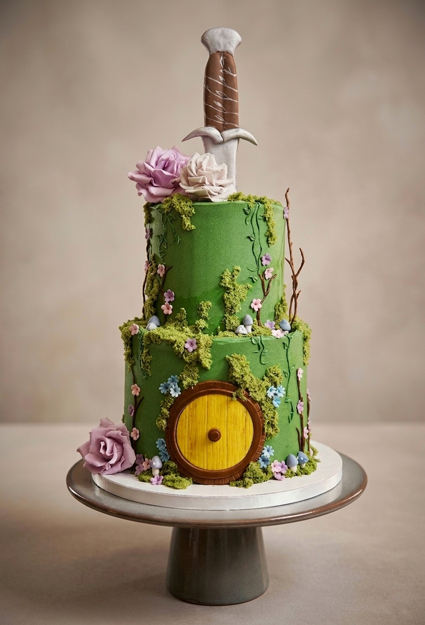 Whimsical forest cake · Sword and floral cake