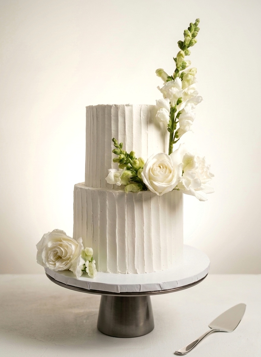 Minimalist, white wedding cake · Minimalist, white wedding cake